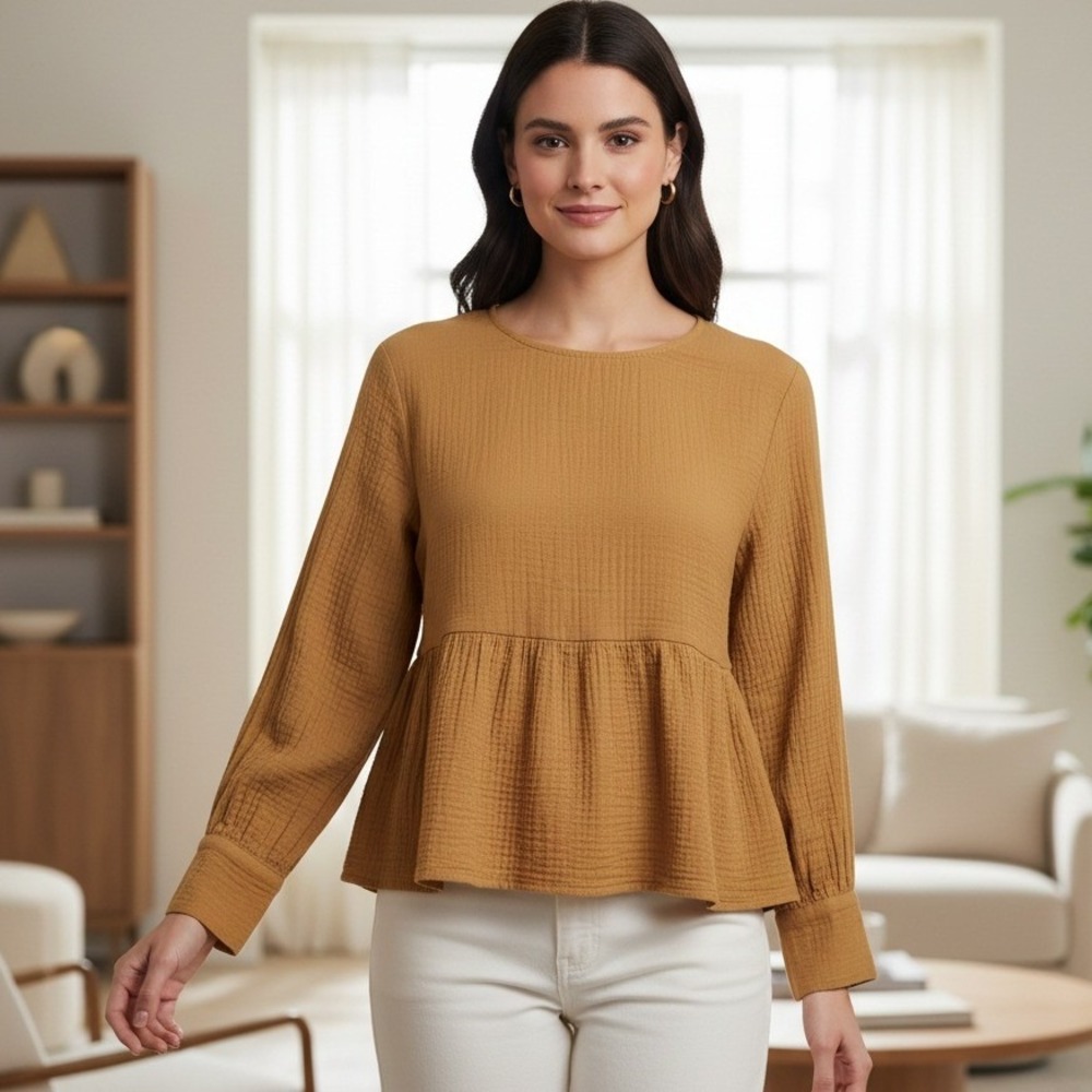 Madewell Double-Gauze Peplum Button-Front Top Mustard Yellow XL MB990